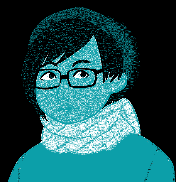 A digital illustration of a person in a sweater, scarf, and beanie.
