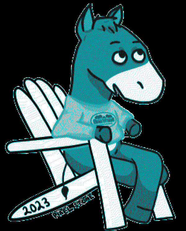 A digital illustration of a donkey wearing a Swarthmore College Sweater sitting in an adirondack chair.