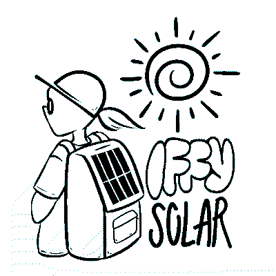 A digital drawing of a person with a hat and a pony tail wearing a backpack with a solar panel. To the right of them, there is a sun and the words Iffy Solar.'