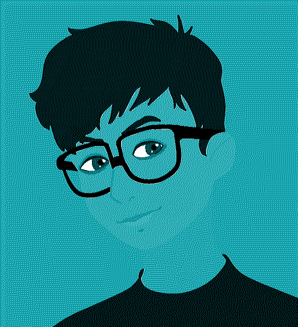 A flat digital illustration of a short haired person with glasses and a mockneck shirt.