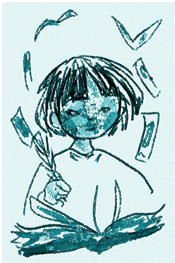 A digital illustration of bowl cut haired person writing with a quill in a book with pages flying out.