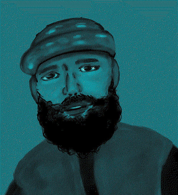 A digital painting of a bearded person wearing a camo hat.
