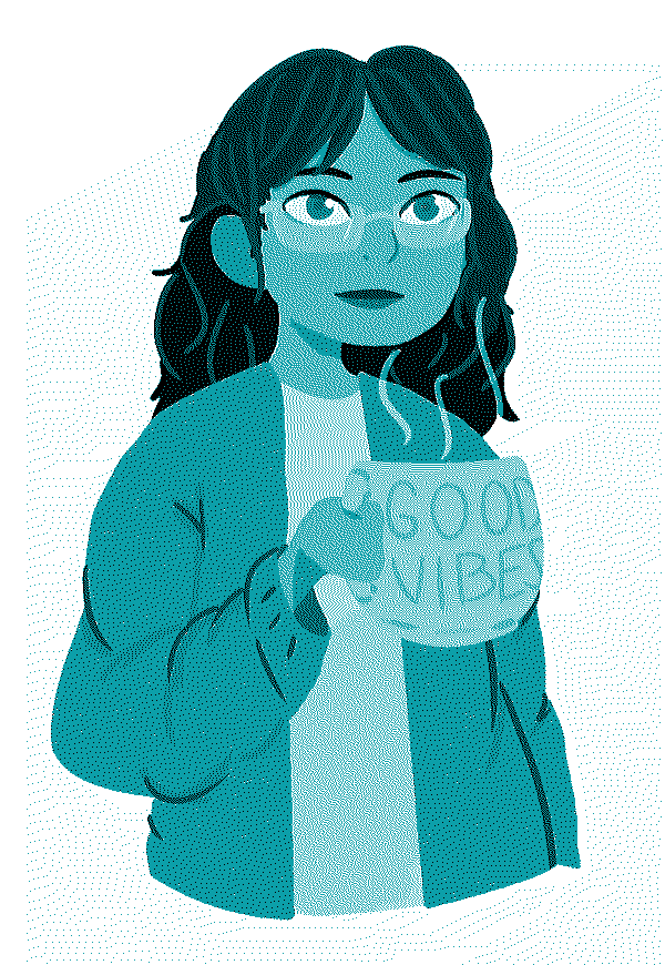 A digital illustration of a long haired person in a cardigan holding a coffee mug that says good vibes.