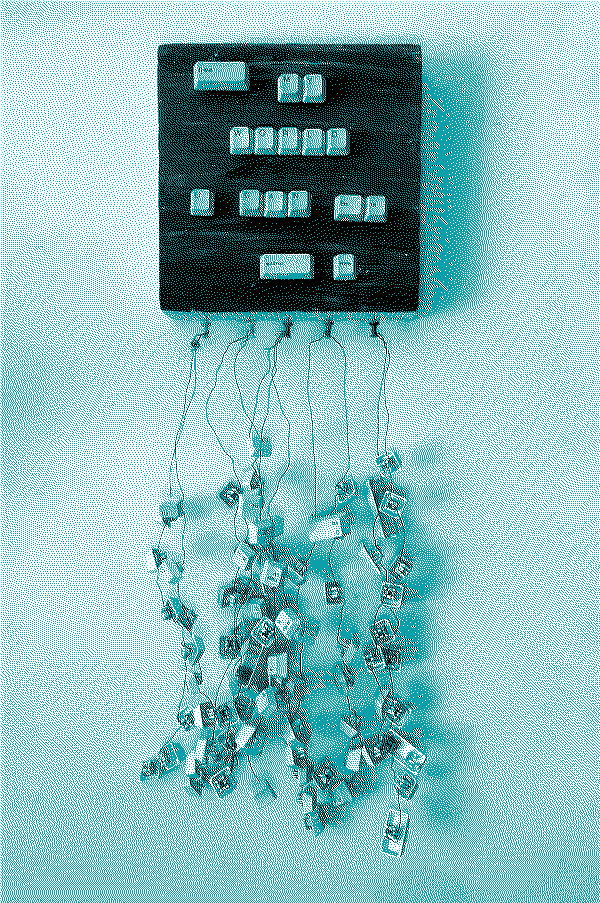A wooden panel with key caps that are arranged to read, 'you can escape fate', additional keycaps hang down from wires. A wooden panel with key caps that are arranged to read, 'you can escape fate', additional keycaps hang down from wires.