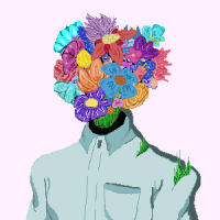 A pixel art button down shirt with grass growing out of it and a bouquet of flowers at the neck.