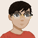 A pixel art portait smiling icon facing three quarters right.