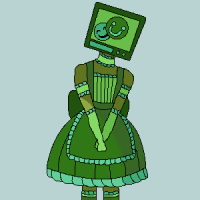 A green pixel art maid with a TV head standing with their head tilted